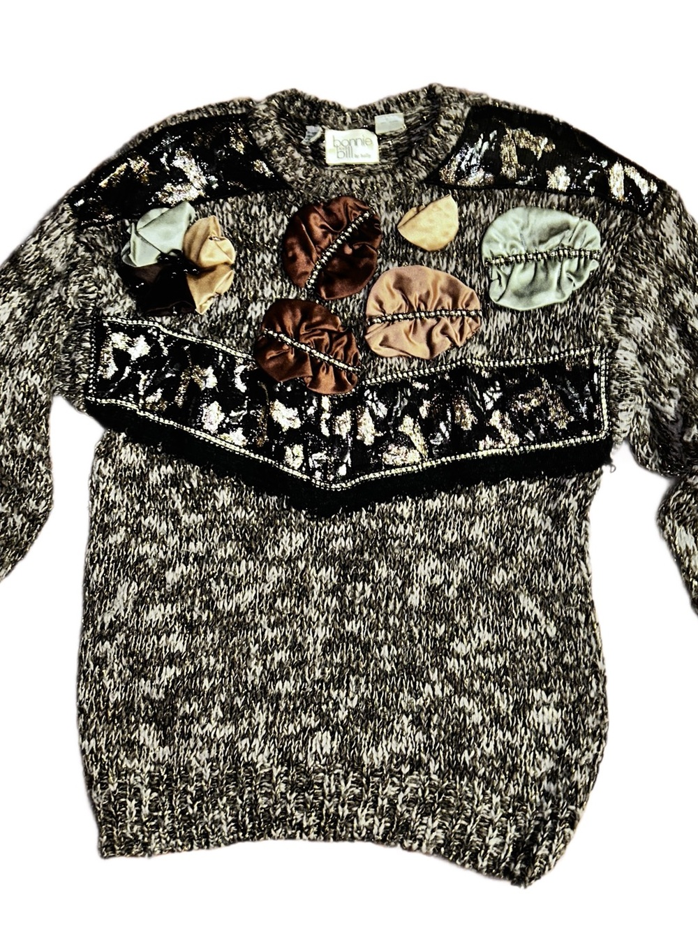 Bonnie & Billy by Holly ~ Small ~ Brown W/ Gold Metallic ~ Floral Beaded Sweater